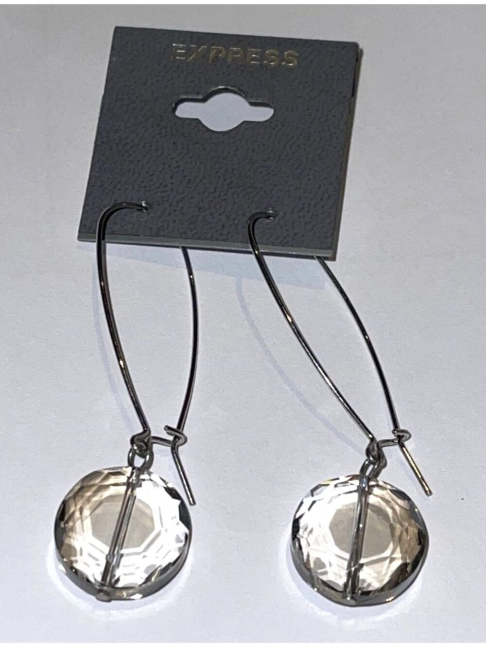 Express Faceted Crystal-like Charm Dangling Silver Wire Hook Earrings Vintage Y2